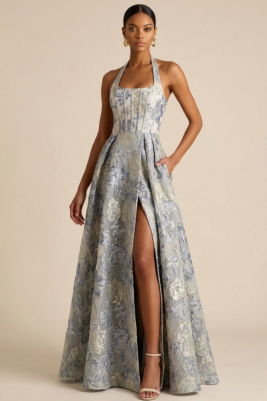 strapless open back dress Zapakasa Women Navy Floral Long Corset Prom Dress with Slit Satin Mermaid  Appliqued Spaghetti Straps Lace Up Back Evening Dress with Beading main image 1