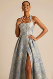 Dusty Blue Floral Jacquard Corset Halter Neck A Line Long Formal Dress with Slit