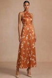 Orange A Line Halter Neck Floral Maxi Formal Dress