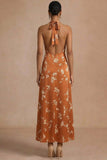 Orange A Line Halter Neck Floral Maxi Formal Dress