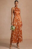 Orange A Line Halter Neck Floral Maxi Formal Dress