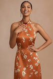Orange A Line Halter Neck Floral Maxi Formal Dress