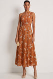 One Shoulder Orange A Line Floral Maxi Formal Dress