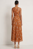 One Shoulder Orange A Line Floral Maxi Formal Dress