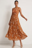 One Shoulder Orange A Line Floral Maxi Formal Dress