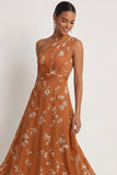 One Shoulder Orange A Line Floral Maxi Formal Dress