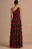 Black Red Floral One Shoulder Ruffled Maxi Formal Dress with Slit
