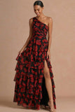 Black Red Floral One Shoulder Ruffled Maxi Formal Dress with Slit