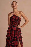 Black Red Floral One Shoulder Ruffled Maxi Formal Dress with Slit