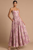 Pink Floral Corset A Line Jacquard Long Wedding Guest Dress