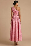 Pink Floral Jacquard A Line Maxi Wedding Guest Dress with Slit