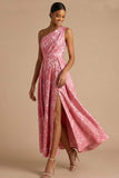 Pink Floral Jacquard A Line Maxi Wedding Guest Dress with Slit