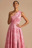 Pink Floral Jacquard A Line Maxi Wedding Guest Dress with Slit
