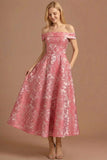 Floral Pink Off the Shoulder A Line Long Wedding Guest Dress