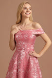 Floral Pink Off the Shoulder A Line Long Wedding Guest Dress