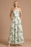 Floral Green A Line Pleated Strapless Sleeveless Long Wedding Guest Dress