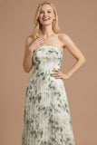 Floral Green A Line Pleated Strapless Sleeveless Long Wedding Guest Dress