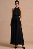 Black A Line Halter Neck High Waist Long Formal Dress with Beading