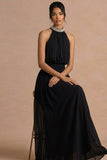 Black A Line Halter Neck High Waist Long Formal Dress with Beading
