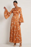 Orange A Line Off the Shoulder Wedding Guest Dress with Long Sleeves