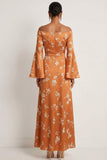 Orange A Line Off the Shoulder Wedding Guest Dress with Long Sleeves