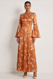 Orange A Line Off the Shoulder Wedding Guest Dress with Long Sleeves