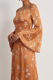 Orange A Line Off the Shoulder Wedding Guest Dress with Long Sleeves