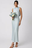 Light Blue Satin Round Neck Mermaid Long Wedding Guest Dress