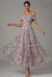 Mauve Floral Embroidered A Line Off the Shoulder Long Wedding Guest Dress