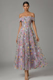 Mauve Floral Embroidered A Line Off the Shoulder Long Wedding Guest Dress