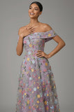 Mauve Floral Embroidered A Line Off the Shoulder Long Wedding Guest Dress