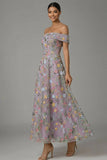 Mauve Floral Embroidered A Line Off the Shoulder Long Wedding Guest Dress
