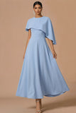 Blue Chiffon A Line Maxi Wedding Guest Dress with Cape