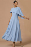 Blue Chiffon A Line Maxi Wedding Guest Dress with Cape