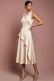 Satin Champagne A Line Ruffled Maxi Wedding Guest Dress