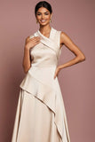 Satin Champagne A Line Ruffled Maxi Wedding Guest Dress