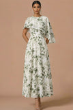 Green Floral A Line Long Wedding Guest Dress with Cape