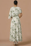 Green Floral A Line Long Wedding Guest Dress with Cape