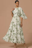 Green Floral A Line Long Wedding Guest Dress with Cape