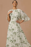 Green Floral A Line Long Wedding Guest Dress with Cape