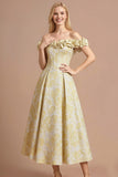 Floral Light Yellow Corset A Line Off the Shoulder Maxi Formal Dress with 3D Flower