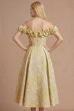 Floral Light Yellow Corset A Line Off the Shoulder Maxi Formal Dress with 3D Flower