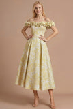 Floral Light Yellow Corset A Line Off the Shoulder Maxi Formal Dress with 3D Flower