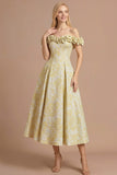 Floral Light Yellow Corset A Line Off the Shoulder Maxi Formal Dress with 3D Flower