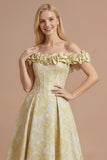 Floral Light Yellow Corset A Line Off the Shoulder Maxi Formal Dress with 3D Flower