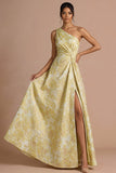 Light Yellow Jacquard Floral Ruched Maxi Formal Dress with Slit