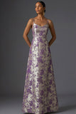 Purple Jacquard Floral A Line Spaghetti Straps Long Formal Dress