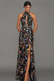 Mauve Floral Halter Neck Mermaid Long Formal Dress with Slit