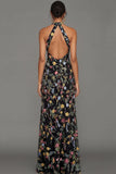 Mauve Floral Halter Neck Mermaid Long Formal Dress with Slit