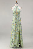 Mauve Floral Halter Neck Mermaid Long Formal Dress with Slit